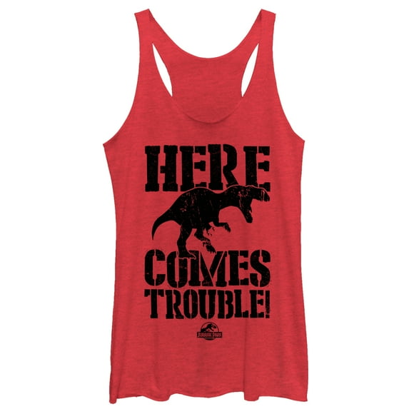 Women's Jurassic Park Here Comes Trouble Racerback Tank Top Red Heather Small