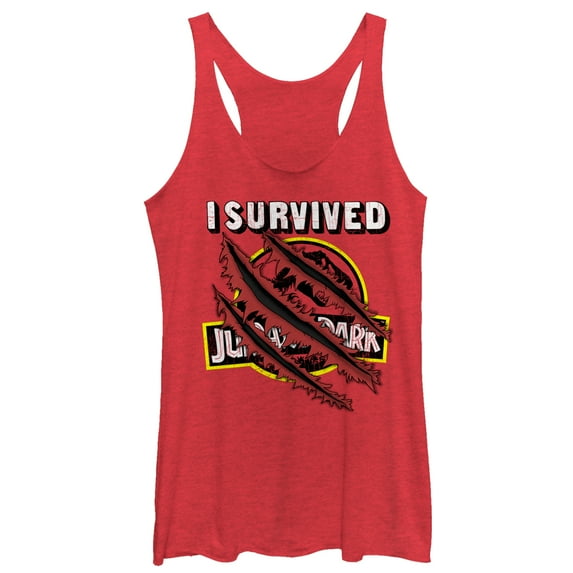 Women's Jurassic Park I Survived The Island, Raptor Claw Tear Racerback Tank Top Red Heather 2X Large