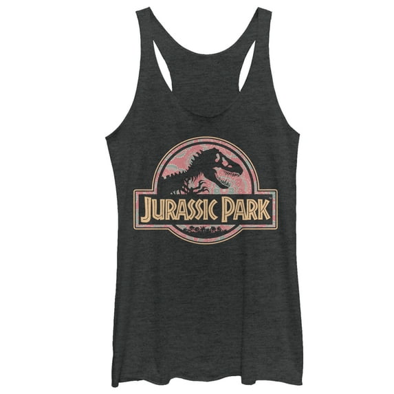 Women's Jurassic Park Logo Henna Print Racerback Tank Top Black Heather Large