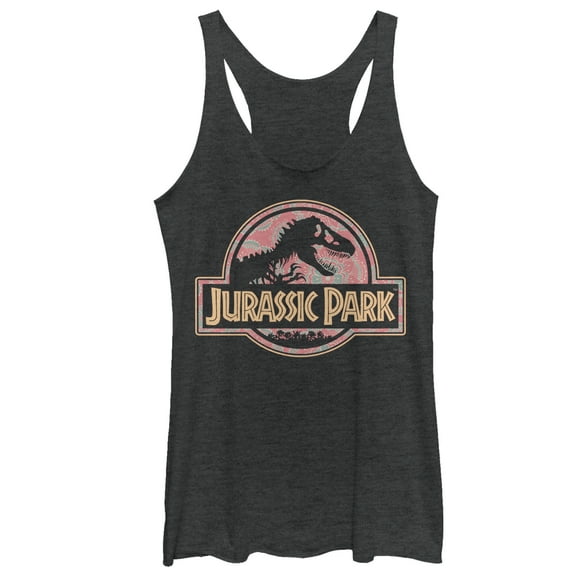 Women's Jurassic Park Logo Henna Print  Racerback Tank Top Black Heather Medium