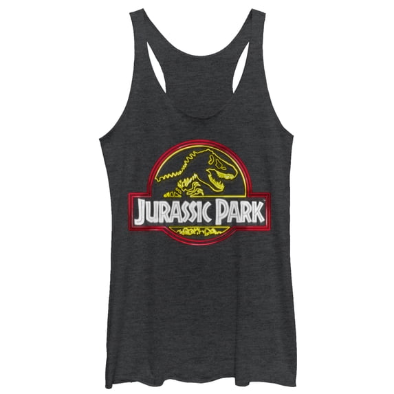 Women's Jurassic Park Neon T Rex Logo Racerback Tank Top Black Heather 2X Large