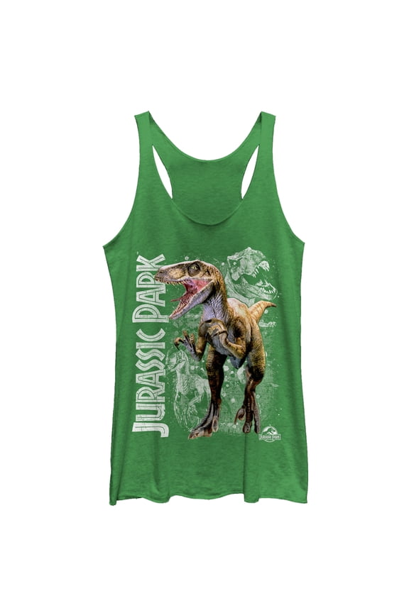 Women's Jurassic Park Raptor Dino Shadows Racerback Tank Top Envy Green 2X Large
