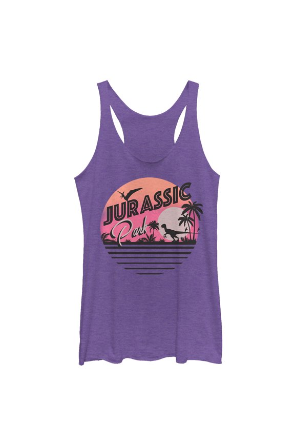Women's Jurassic Park Retro Postcard Racerback Tank Top Purple Heather Medium