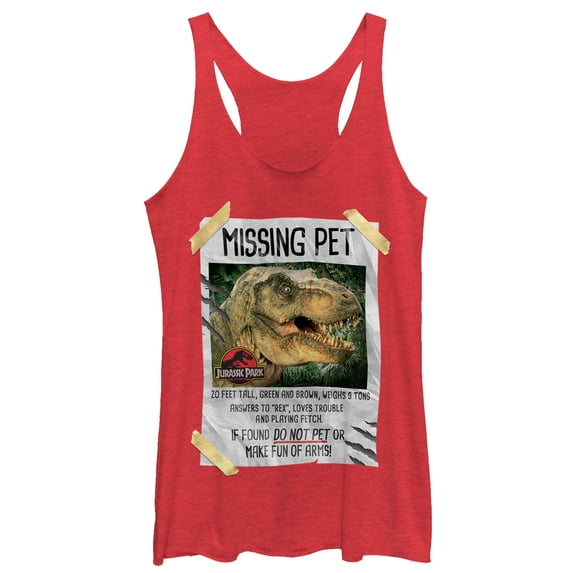 Women's Jurassic Park T. Rex Missing Pet Racerback Tank Top Red Heather X Small
