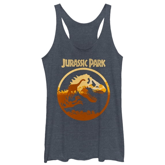 Women's Jurassic Park T. Rex Sunset Silhouette Racerback Tank Top Navy Blue Heather Medium
