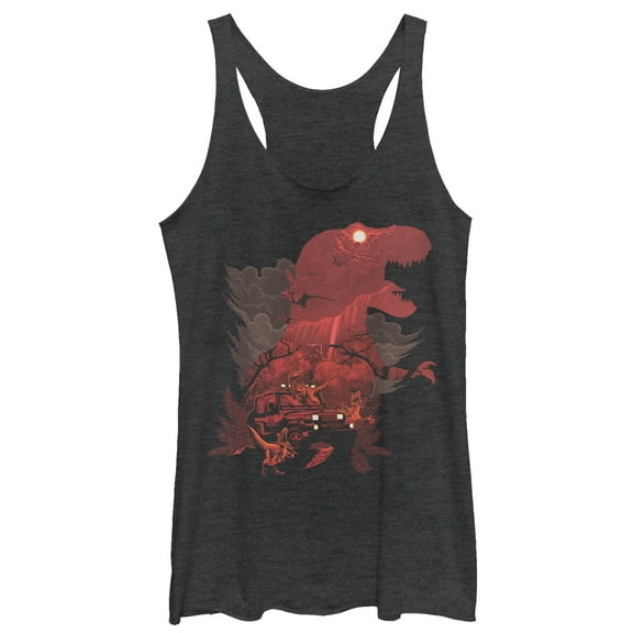 Women's Jurassic Park T.Rex, Velociraptor Invite You To Visit Beautiful Landscape Racerback Tank Top Black Heather Small