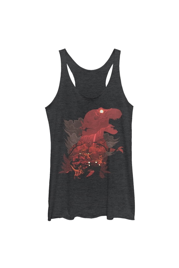 Women's Jurassic Park T.Rex, Velociraptor Invite You To Visit Beautiful Landscape Racerback Tank Top Black Heather X Small