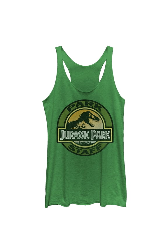 Women's Jurassic Park The Park Staff Badge, With T-Rex Racerback Tank Top Envy Green X Small