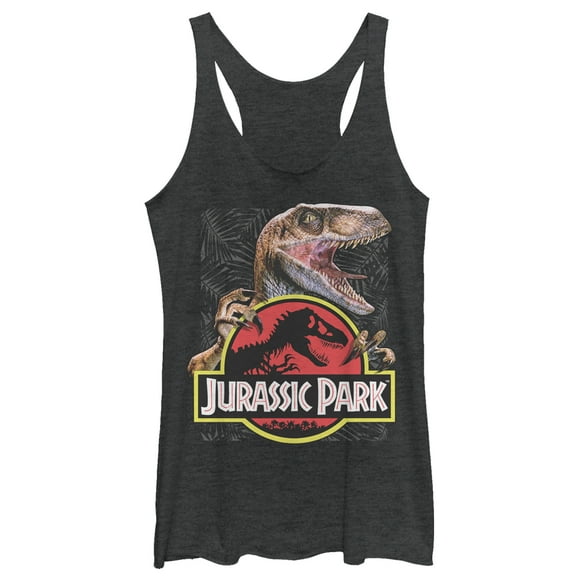 Women's Jurassic Park Velociraptor Hooked On Logo  Racerback Tank Top Black Heather Medium