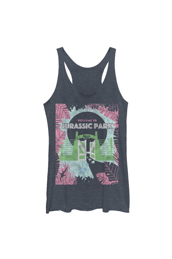 Women's Jurassic Park Welcome Gates Cartoon Racerback Tank Top Navy Blue Heather Large