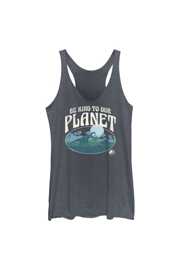 Women's Jurassic World Be Kind to Our Planet Racerback Tank Top Navy Blue Heather X Small