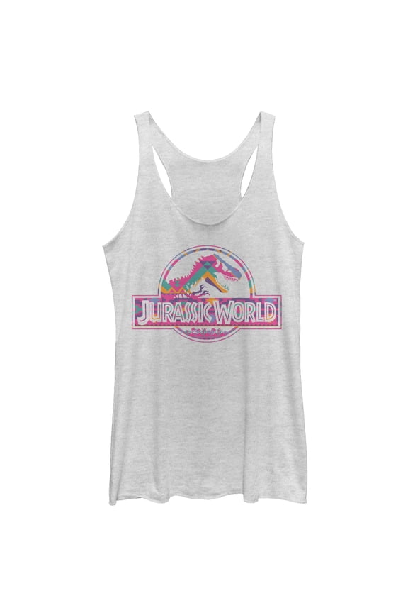 Women's Jurassic World Desert Pattern Logo Racerback Tank Top White Heather Large