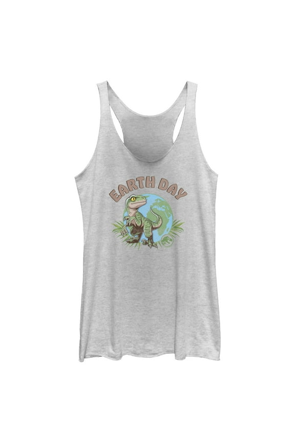 Women's Jurassic World Earth Day Velociraptor Racerback Tank Top White Heather Medium