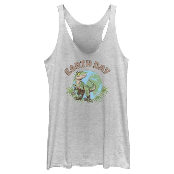 Women's Jurassic World Earth Day Velociraptor  Racerback Tank Top White Heather X Small