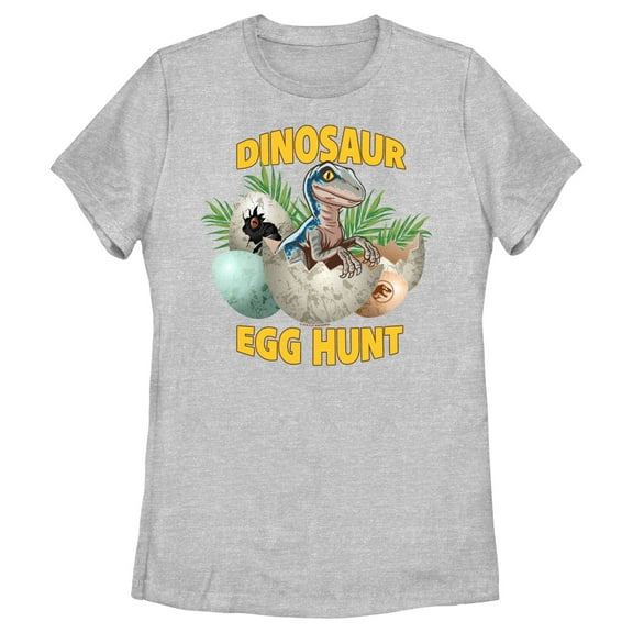 Women's Jurassic World Easter Velociraptor Dinosaur Egg Hunt  Graphic Tee Athletic Heather Small