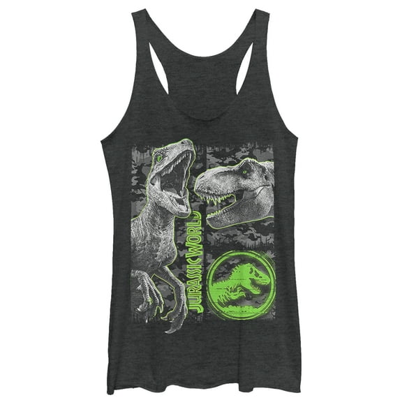 Women's Jurassic World: Fallen Kingdom Camo Print Dinosaurs Racerback Tank Top Black Heather Small