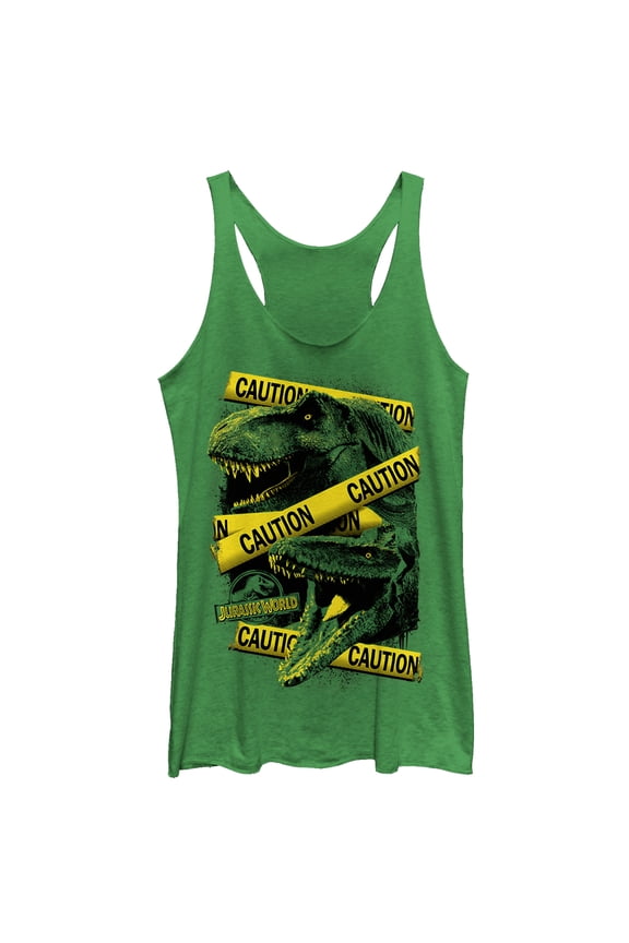 Women's Jurassic World: Fallen Kingdom Caution Tape  Racerback Tank Top Envy Green 2X Large