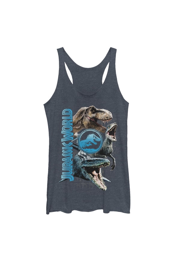 Women's Jurassic World: Fallen Kingdom Dinosaur Montage Racerback Tank Top Navy Blue Heather Small