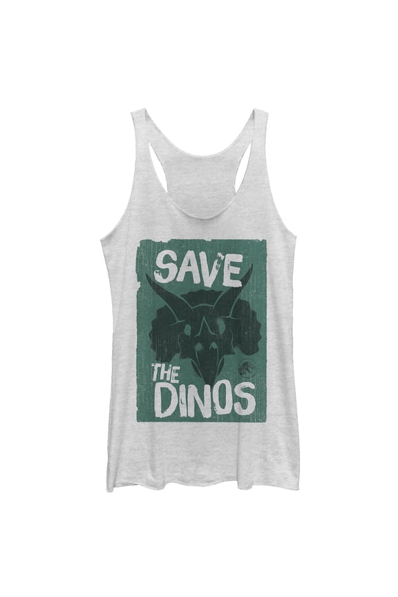 Women's Jurassic World: Fallen Kingdom Save the Dinos Cartoon Racerback Tank Top White Heather Medium