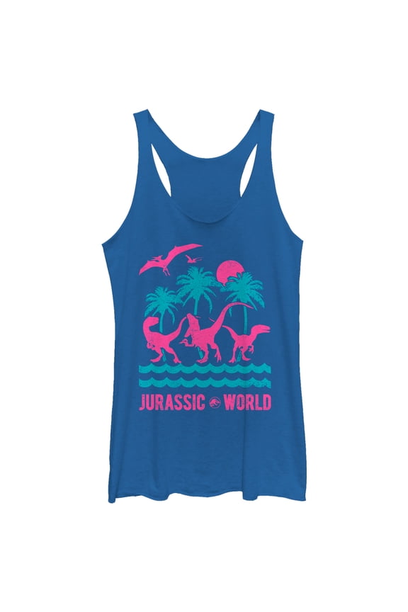 Women's Jurassic World: Fallen Kingdom Tropical Dino Racerback Tank Top Royal Blue Heather Large