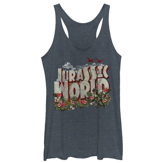 Women's Jurassic World Greetings From Paradise Racerback Tank Top Navy Blue Heather 2X Large