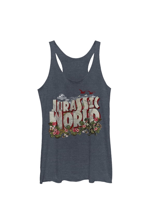 Women's Jurassic World Greetings From Paradise Racerback Tank Top Navy Blue Heather Small