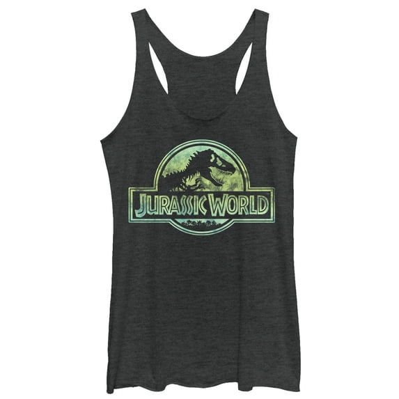 Women's Jurassic World Logo Tie Dye Print Racerback Tank Top Black Heather Small