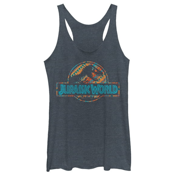 Women's Jurassic World Quilt Pattern Logo Racerback Tank Top Navy Blue Heather Small