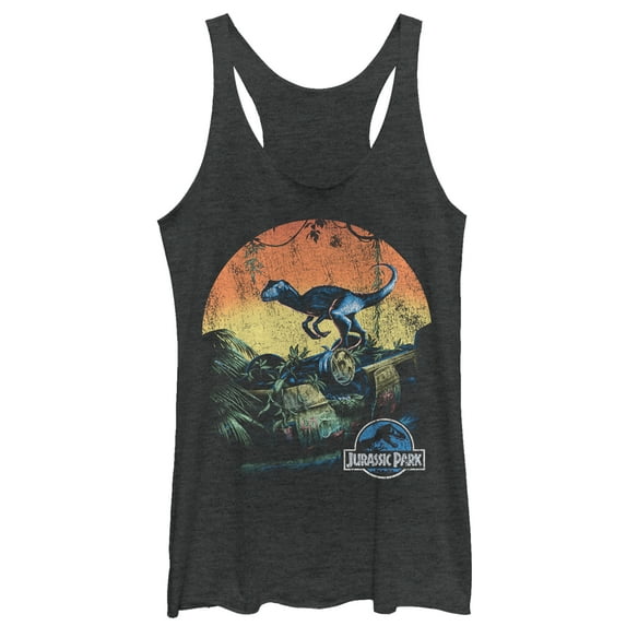 Women's Jurassic World Retro Raptor Sunset Racerback Tank Top Black Heather Large