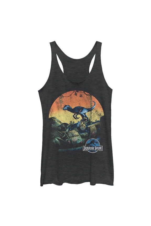 Women's Jurassic World Retro Raptor Sunset Racerback Tank Top Black Heather X Small