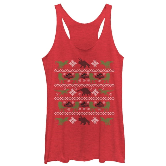 Women's Jurassic World Ugly Christmas Velociraptor  Racerback Tank Top Red Heather Medium