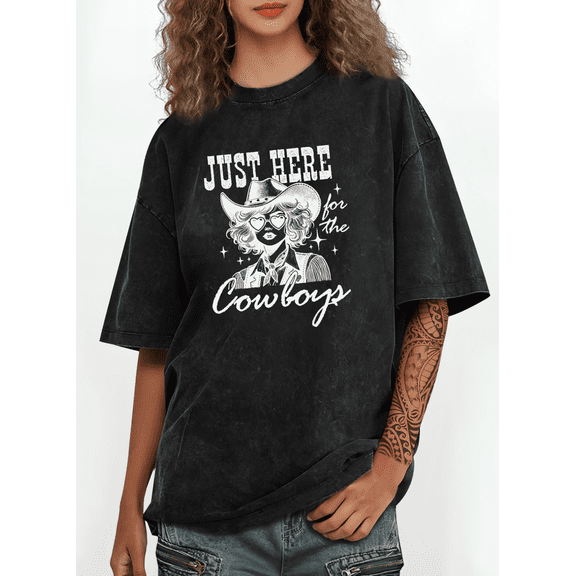 Women's Just Here for the Cowboys Retro Graphic Comfortable Washed T-Shirt Breathable Black S-2XL Plus Size