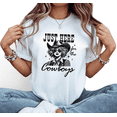 thumbnail image 1 of Women's "Just Here for the Cowboys" Retro Western Graphic Cotton T-Shirt Breathable Short Sleeve Round Neck Top White S-5XL, 1 of 5