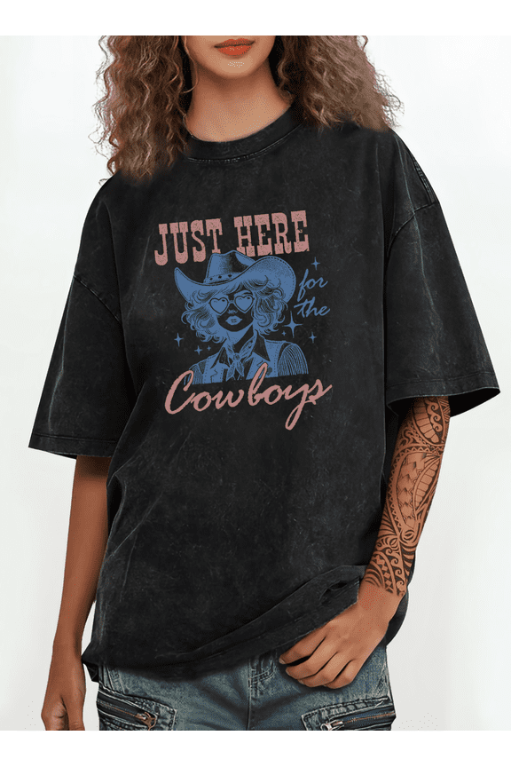 Women's Just Here for the Cowboys Two-Tone Retro Graphic Cotton Washed T-Shirt Comfortable Black S-2XL Plus Size