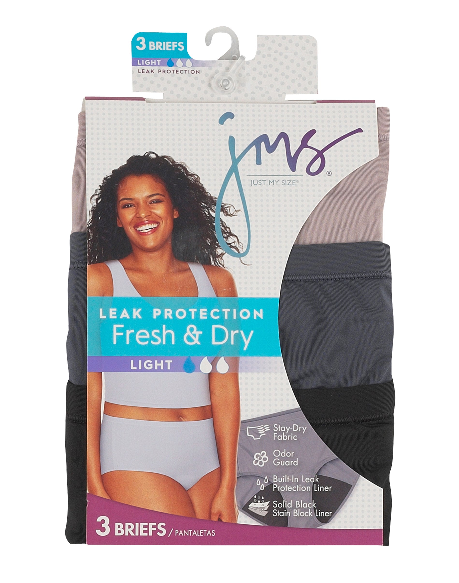 Hanes Just My Size Fresh & Dry Women's Brief Period Underwear, Light Leaks,  Black/Grays, 3-Pack Assorted 13
