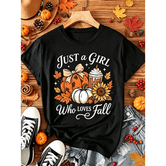 Women's Just a Girl Who Loves Fall Pumpkin Spice Graphic T‑Shirt Autumn Sunflower Casual Tee