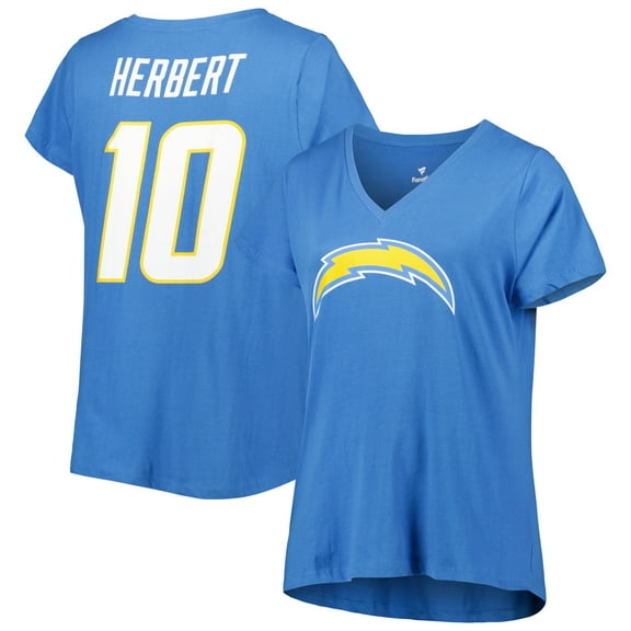 Women's Fanatics Justin Herbert Powder Blue Los Angeles Chargers Plus Size Name & Number V-Neck T-Shirt