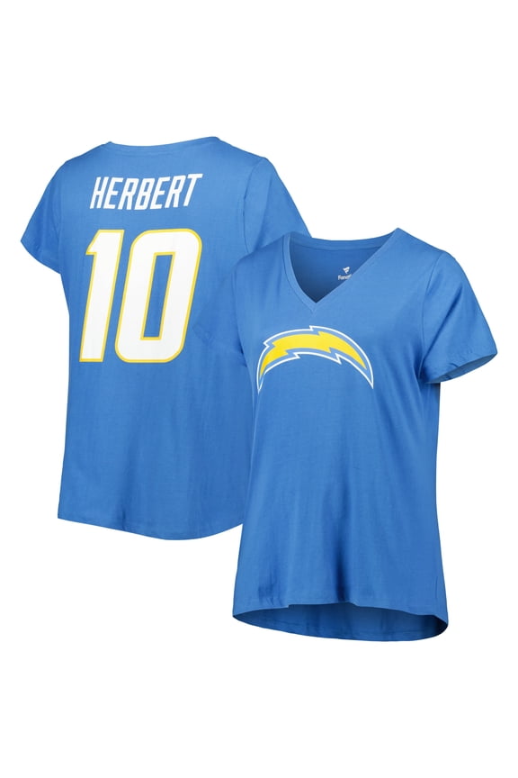 Women's Fanatics Justin Herbert Powder Blue Los Angeles Chargers Plus Size Name & Number V-Neck T-Shirt