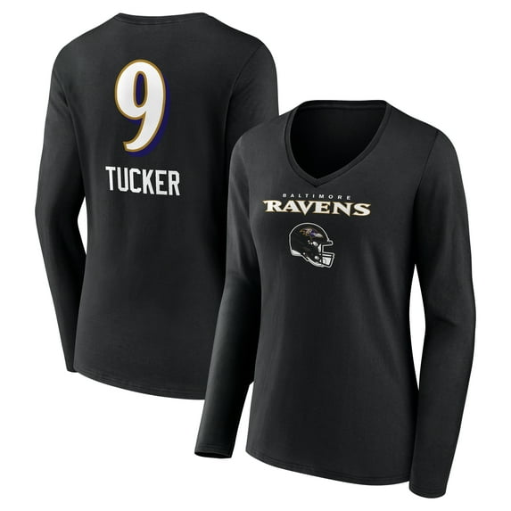 Women's Justin Tucker Black Baltimore Ravens Team Wordmark Player Name & Number Long Sleeve V-Neck T-Shirt
