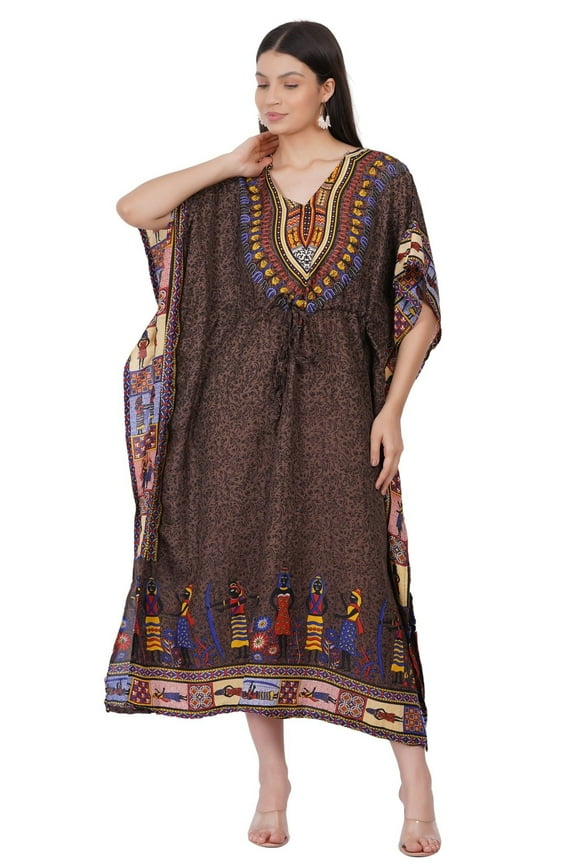 Women's Kaftan Dress Beach Cover Up Tribal Ethnic Print Plus Size Loose Kimono Maxi Dress - Color Brown African