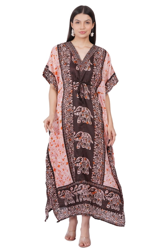 Women's Kaftan Dress Beach Cover Up Tribal Ethnic Print Plus Size Loose Kimono Maxi Dress - Color Brown Elephant