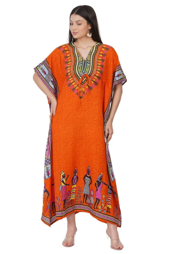 Women's Kaftan Dress Beach Cover Up Tribal Ethnic Print Plus Size Loose Kimono Maxi Dress - Color Orange African