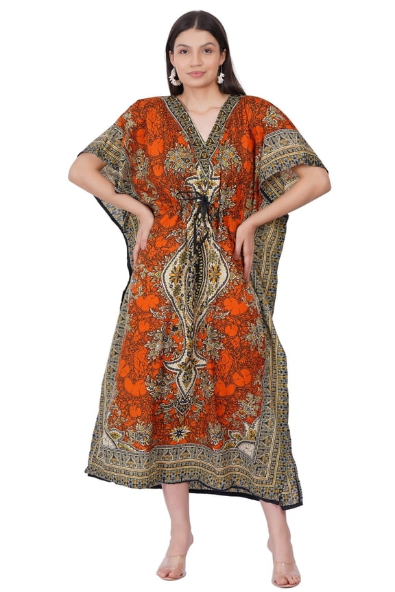 Women's Kaftan Dress Beach Cover Up Tribal Ethnic Print Plus Size Loose Kimono Maxi Dress - Color Orange