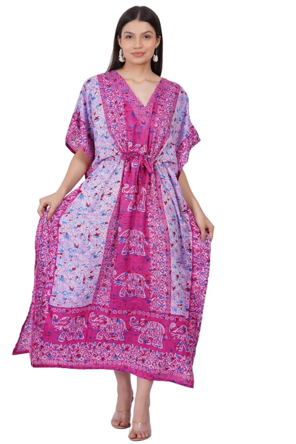 Women's Kaftan Dress Beach Cover Up Tribal Ethnic Print Plus Size Loose Kimono Maxi Dress - Color Pink Elephant