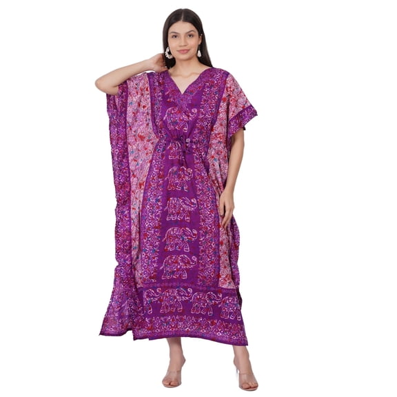 Women's Kaftan Dress Beach Cover Up Tribal Ethnic Print Plus Size Loose Kimono Maxi Dress - Color Purple Elephant