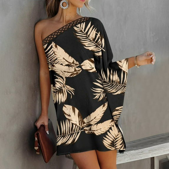 Women's Kaftan One Shoulder Mini Dresses Sexy Boat Neck Batwing Sleeve Trendy Printed Oversized Vintage Short Dress