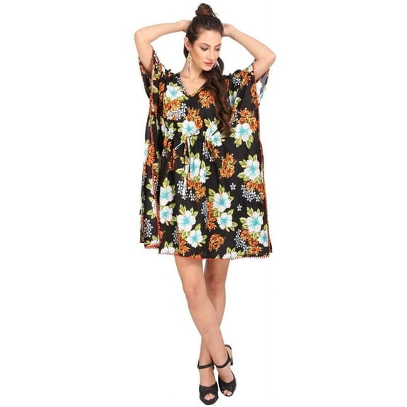 Women's Kaftan Tunic Kimono Dress Summer Evening Plus Size Beach Cover Up 10 -24 (Free Size, 110-Black)