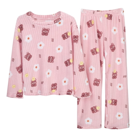 Women's Kawaii Bear Pajama Sets Cute Bear Graphic Printed Long Sleeve Crew Neck Nightwear Top and Pants Coquette Soft Sleepwears