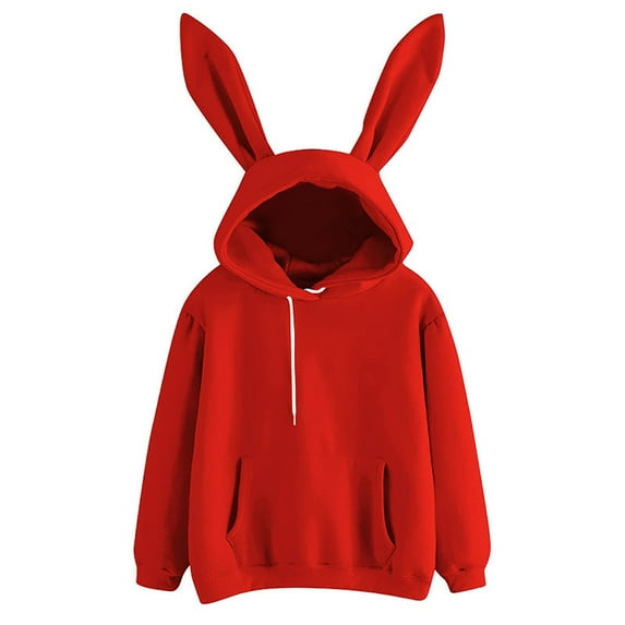 Women's Kawaii Bunny Ear Fleece Hoodies Casual Cute Long Sleeve Solid Color Hooded Sweatshirt Lightweight Sweet Pullover Tops with Pockets