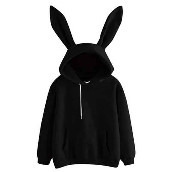 Women's Kawaii Bunny Ear Fleece Hoodies Casual Cute Long Sleeve Solid Color Hooded Sweatshirt Lightweight Sweet Pullover Tops with Pockets